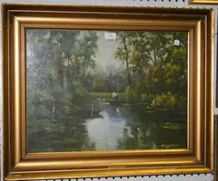 G. Lomax, Landscape with Meandering River and a Figure in a Punt, oil on canvas
