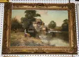 Ernest Walbourn, Woman feeding Ducks before a Watermill, oil on canvas