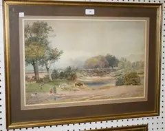 B. Rudge, Figures on a Country Path near a Pond, watercolour and gouache