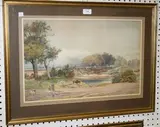 B. Rudge, Figures on a Country Path near a Pond, watercolour and gouache