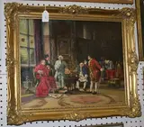Shirley Anne Webb, Cardinal and Figures discussing a Model Ship, oil on canvas
