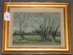 Carolyn Sergeant, Egerton Church and Willows, 1968, oil on board