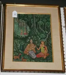Iwy Boyak, Balinese View with a Mother and Child beside a Waterfall near Other Figures, mixed media on fabric