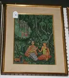 Iwy Boyak, Balinese View with a Mother and Child beside a Waterfall near Other Figures, mixed media on fabric