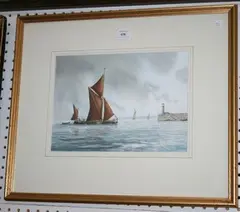 Alan Whitehead, View of Thames Barges approaching a Harbour, watercolour