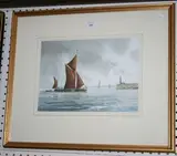 Alan Whitehead, View of Thames Barges approaching a Harbour, watercolour