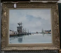 A. Girard, Fecamp' (Sailing Vessels moored at a Quay), oil on canvas