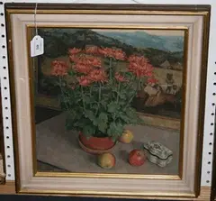 W.H. Hall, Still Life Study of Chrysanthemums within a Landscape, oil on board
