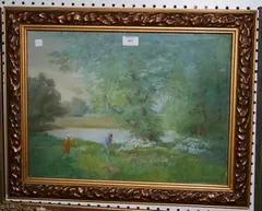 Henry Dixon, Landscape with Children picking Summer Flowers beside a River, watercolour and gouache