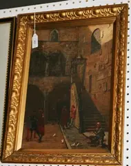 George Carmichael, View of an Italian Courtyard, possibly Venice, with a Beggar and Figures wearing 15th Century Costume, oil on panel