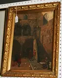 George Carmichael, View of an Italian Courtyard, possibly Venice, with a Beggar and Figures wearing 15th Century Costume, oil on panel