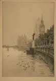 Rowland Langmaid, The R.A.F. Memorial and the Houses of Parliament in the distance, monochrome etching