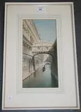 E. Benvenuti, Venetian Canal View with a Gondolier passing under the Bridge of Sighs, watercolour