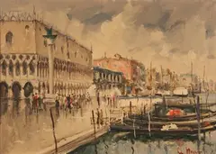 Lino Muzzin, View along the Grand Canal, Venice, with Figures and Moored Gondolas, oil on canvas