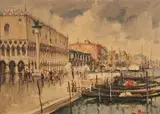 Lino Muzzin, View along the Grand Canal, Venice, with Figures and Moored Gondolas, oil on canvas