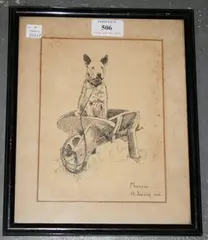 H. Jenner, Michael' (Study of an English Bull Terrier seated in a Wheelbarrow), 1932, pen and ink