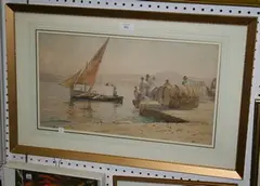 V. Loria, View of a Sailing Boat by a Quay with Men and Barrels, watercolour
