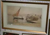 V. Loria, View of a Sailing Boat by a Quay with Men and Barrels, watercolour