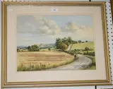 Ann Knowler, Towards Firle Beacon from Glynde' (View of the South Downs with a Meandering Country Lane), watercolour