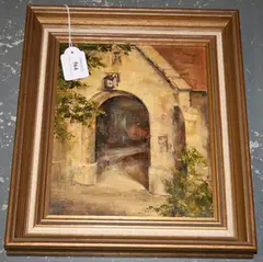P. Day, The Way In' (View of a Church Porch), oil on canvas laid on board