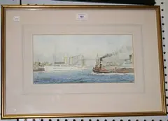 Peter Adams, The "Queen of the Channel" with Tower Bridge astern and a Tug towing a Coal Barge, watercolour