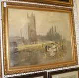 E.G. Court, Impressionist Landscape with Figures in Edwardian Costume taking Tea, a Church Tower and Buildings beyond, oil on canvas