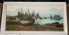 Continental Harbour View with Moored and Beached Boats by Yves Madel, oil on canvas, sold Nov 2011