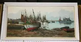 Yves Madel, Continental Harbour View with Moored and Beached Boats, oil on canvas