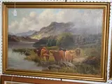 C.V. Howard, Highland Landscape with Cattle and Loch, oil on canvas