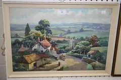 George Ayling, View along a Village Road looking towards a Church, watercolour with gouache