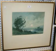Charles Wilkinson, Landscape with an Angler walking along a River at Dusk, watercolour