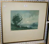 Charles Wilkinson, Landscape with an Angler walking along a River at Dusk, watercolour