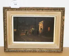 Bertram Priestman, Nocturnal View with Figures outside the Toll Lodge on the Norfolk Bridge, Shoreham-by-Sea, oil on canvas