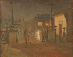 Bertram Priestman, Nocturnal View with Figures outside the Toll Lodge on the Norfolk Bridge, Shoreham-by-Sea, oil on canvas-board