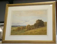 Thomas Pyne, Landscape with Sheep grazing on a Hillside, Cattle and a River beyond, 1903, watercolour