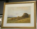 Thomas Pyne, Landscape with Sheep grazing on a Hillside, Cattle and a River beyond, 1903, watercolour