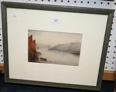 Herbert Stanton, Coastal View with a Figure bringing in Fishing Nets near Moored Sailing Boats, watercolour