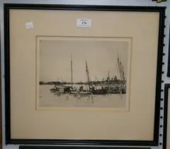 Philip Kappel, Harbour Scene with a Figure unloading Cargo from a Boat, 1929, monochrome etching