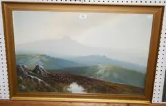 R.D. Sherrin, Moorland View with Distant Flock of Sheep, watercolour and gouache