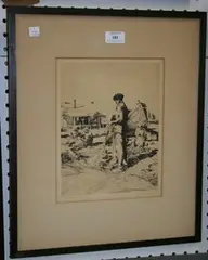 Philip Kappel, Figures repairing Nets in a Boatyard, 1933, monochrome etching