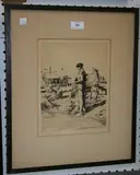 Philip Kappel, Figures repairing Nets in a Boatyard, 1933, monochrome etching