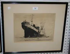 Philip Kappel, Coastal View with Ocean Liner and Tugboat, 1934, monochrome etching