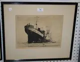 Philip Kappel, Coastal View with Ocean Liner and Tugboat, 1934, monochrome etching