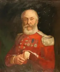 Sidney Sprague Morrish, Half Length Portrait of Lieutenant/Ensign Charles Thomas Cox in Uniform decorated with his Waterloo Medal and Military General Service Medal with Six Bars for the Peninsular War, 1858, oil on canvas
