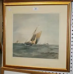 Frederick James Aldridge, Sailing Vessels on Calm Waters, watercolour
