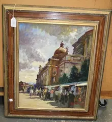 Matt Bruce, Continental Market Scene, oil on board