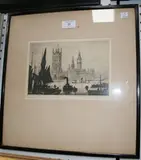 Ernest L. Hampshire, Houses of Parliament from Lambeth, monochrome etching