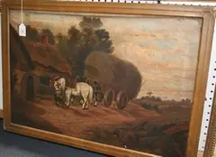 R. Clemmson, Study of a Hay Cart outside a Cottage, oil on canvas