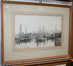 Bernhard Sickert, Fishing Boats at Greenhythe, charcoal drawing