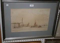 Rudolph Schwabe, Dreadnought Yard, Deptford' (View of the River Thames with Barges, Factories and Cranes beyond), 1935, sepia ink and wash